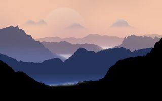 远山湖面手绘插画免抠