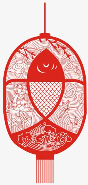 红色的锦鲤剪纸灯笼效果元素免抠