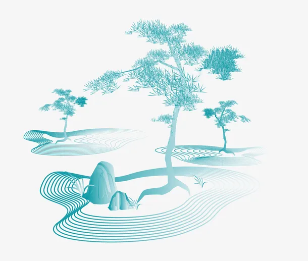 线条 国潮 中式 树 山 水免抠
