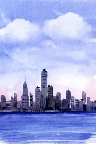 手绘城市水彩插画清新高清