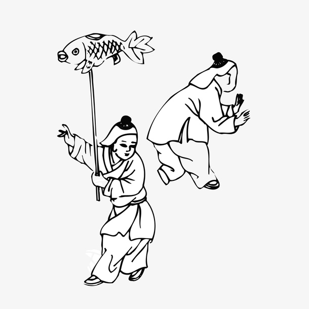 古代玩木鱼的孩子免抠