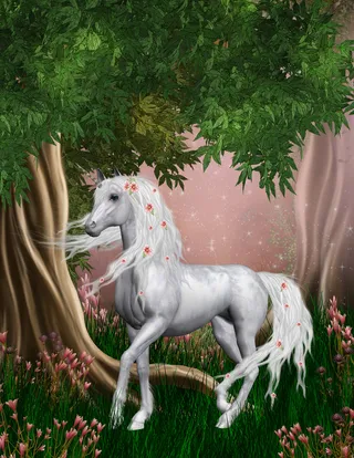 魔幻绿色森林白马婚庆背景高清