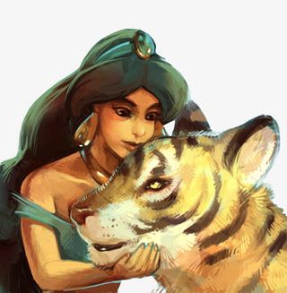 手绘茉莉公主与老虎免抠