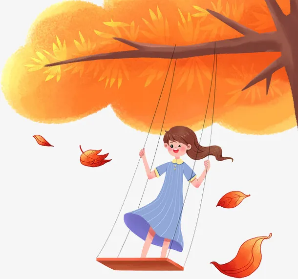 秋天女孩树下荡秋千免抠