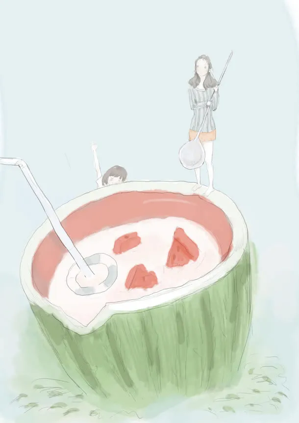 手绘夏天西瓜女孩插画免抠