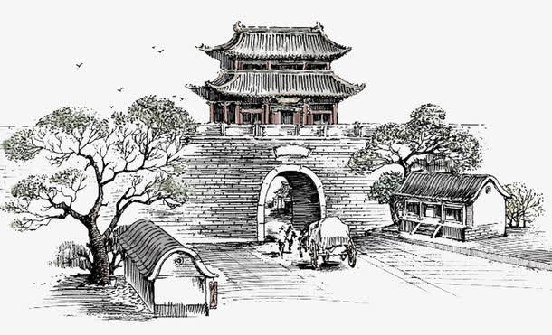 手绘古楼免抠