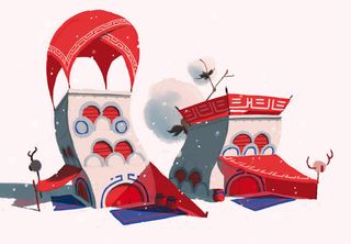 红色喜庆漫画城池免抠