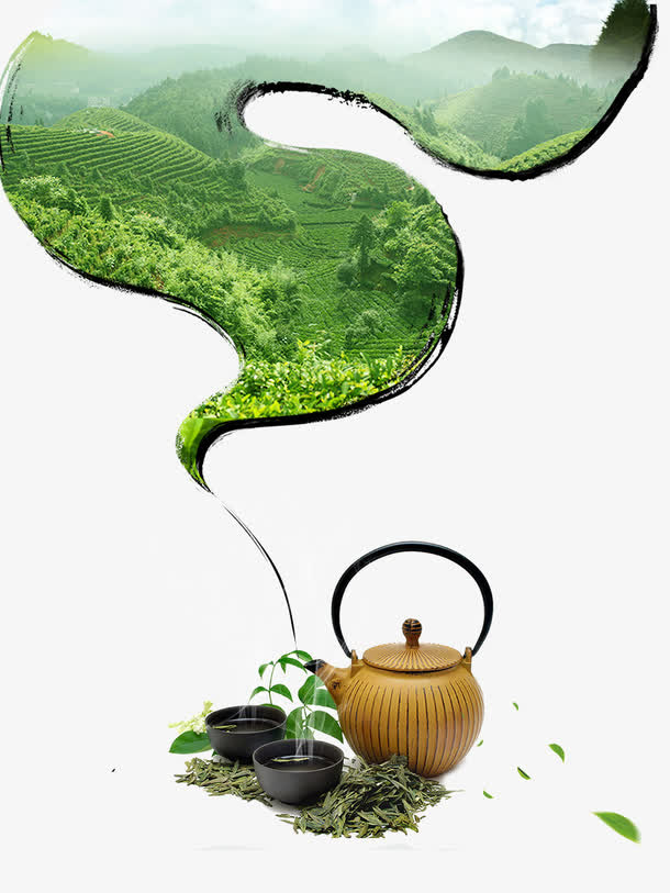 免抠黄色茶壶茶田装饰免抠