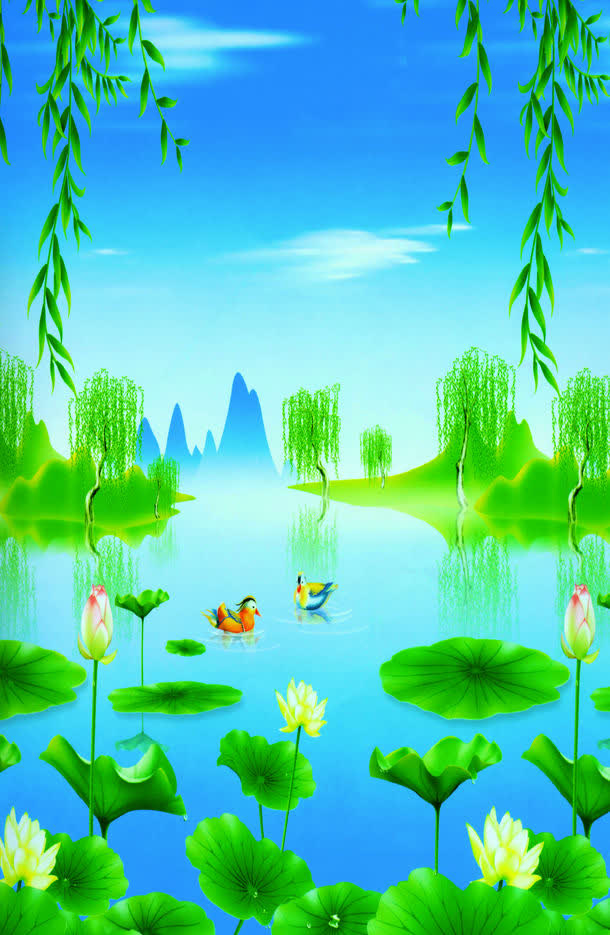 山水莲花背景