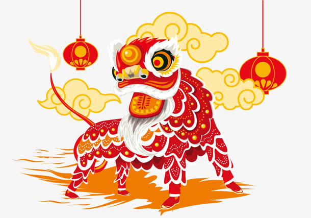 创意手绘合成元旦舞狮灯笼免抠