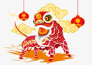 创意手绘合成元旦舞狮灯笼免抠