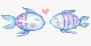 卡通手绘唯美两只亲吻的鱼免抠