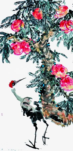 桃树与仙鹤免抠