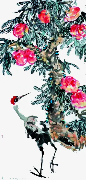 桃树与仙鹤免抠
