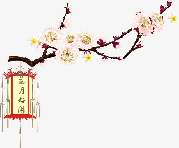 桃花枝挂着灯笼插图矢量免抠