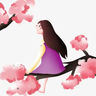 春分女孩粉色樱花免抠