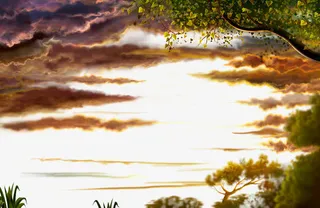 卡通乌云树枝景色图免抠