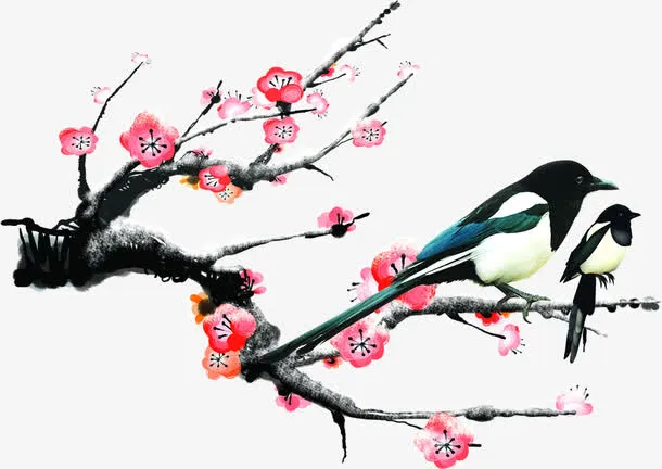 红色梅花小鸟创意免抠