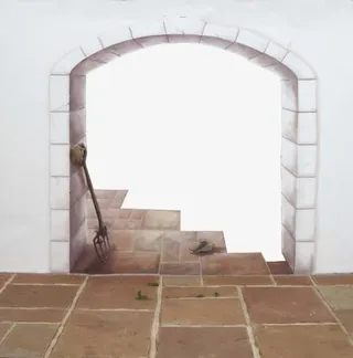 白色砖头墙门和楼梯免抠