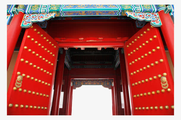 中国传统特色彩色印花仿古大红门免抠