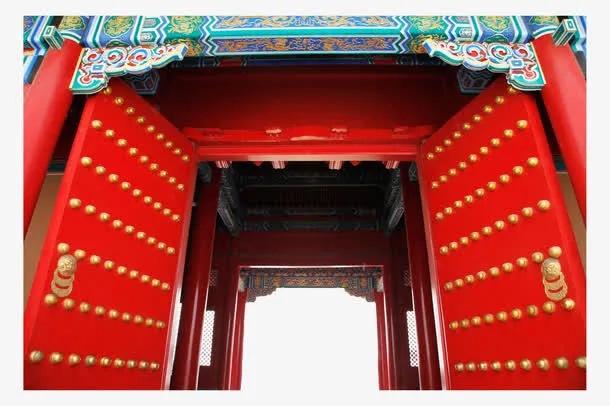 中国传统特色彩色印花仿古大红门免抠