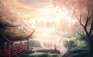 瀑布凉亭古风手绘免抠