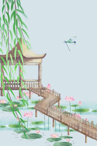 手绘古风亭台背景图高清复古中国风背景