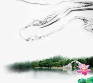 水墨线条荷花水乡石桥免抠