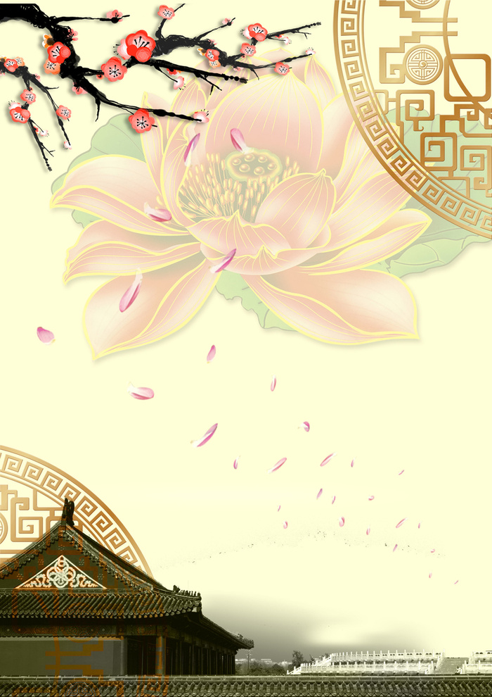 中国风美丽桃花下的建筑背景素材高清