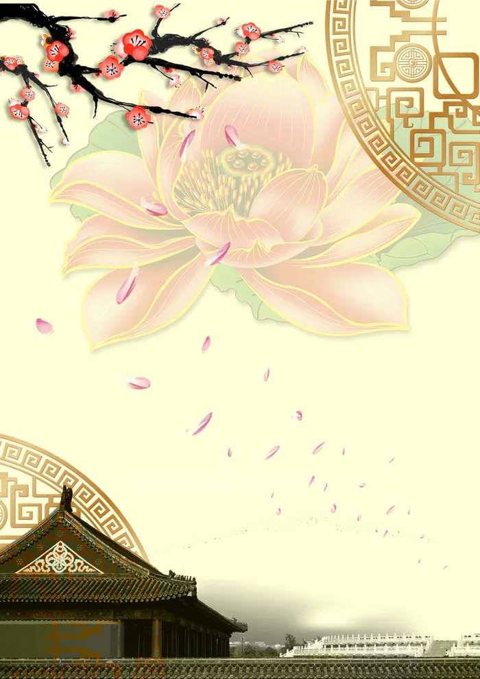 中国风美丽桃花下的建筑背景素材高清