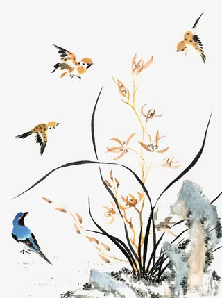 水墨兰花小鸟免抠