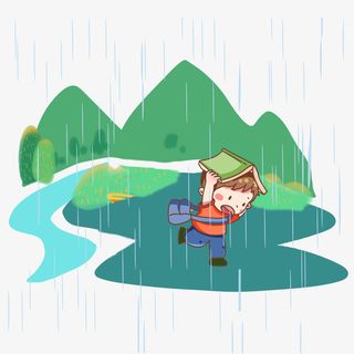 下雨天小孩在河谷跑免抠