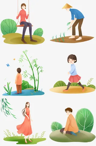 手绘女孩插秧树免抠节日其他节日元素