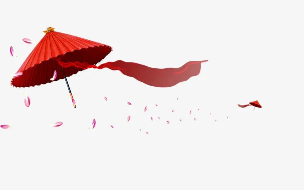 飞舞红伞红绸花瓣免抠
