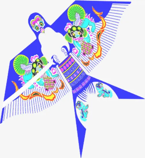 蓝色手绘彩色风筝春天免抠