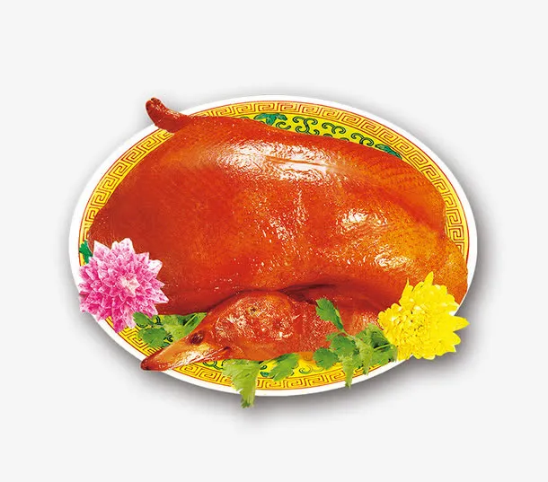 盘子上的烤鸭和花免抠