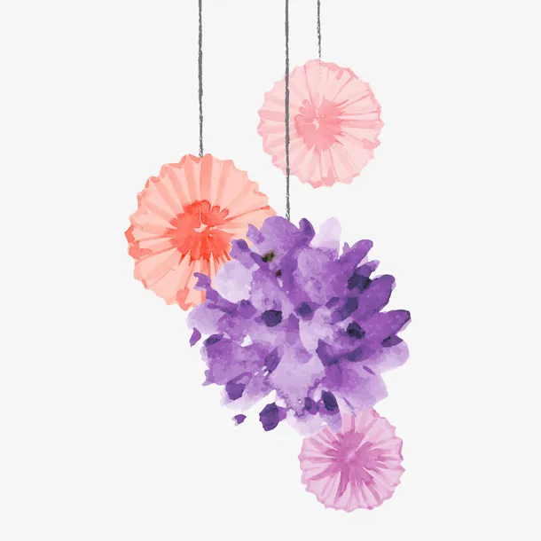 紫色水彩绘花朵挂饰免抠
