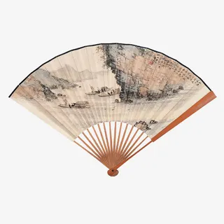 淡雅山水风景折扇免抠