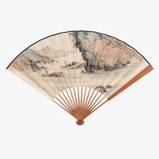 淡雅山水风景折扇免抠
