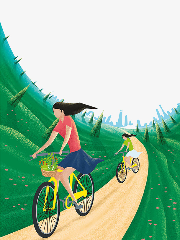 绿色卡通春游踏青海报插画免抠
