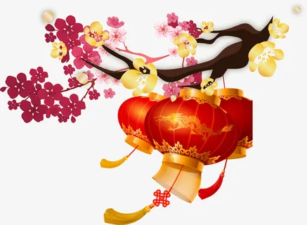 红色中国风花枝灯笼免抠