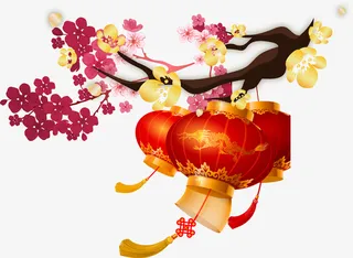 红色中国风花枝灯笼免抠