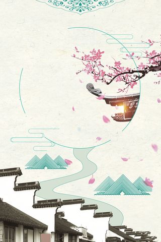 中国风屋檐桃花古镇旅游海报背景素材高清