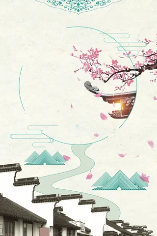 中国风屋檐桃花古镇旅游海报背景素材高清