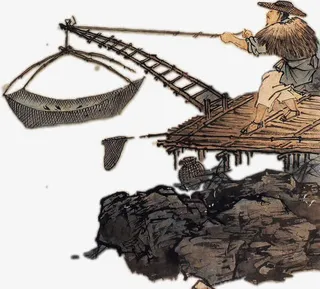 中国风渔夫捕鱼水墨画免抠