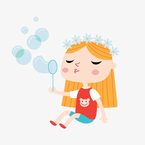 手绘吹泡泡的小女孩免抠图免抠