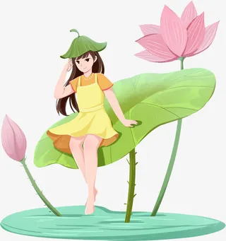 夏天节气女孩坐在荷叶上避暑素材免抠