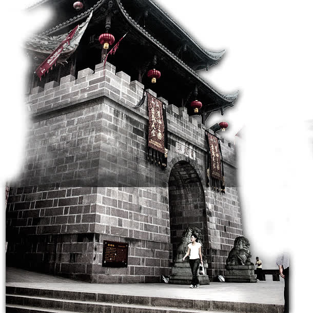 水墨古镇城门古典免抠