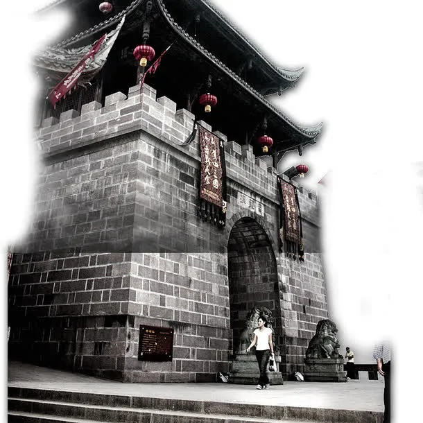 水墨古镇城门古典免抠