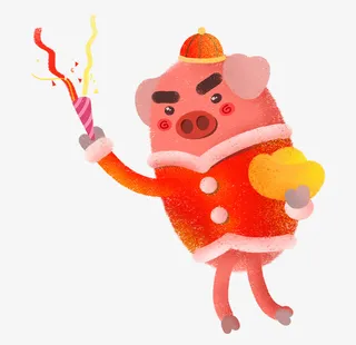 拿着金元宝的小猪在放烟花免抠